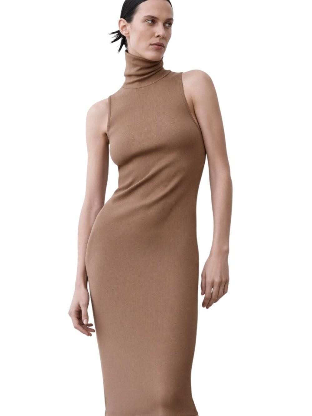 Zara Mock Neck Ribbed Midi Dress Tan Small